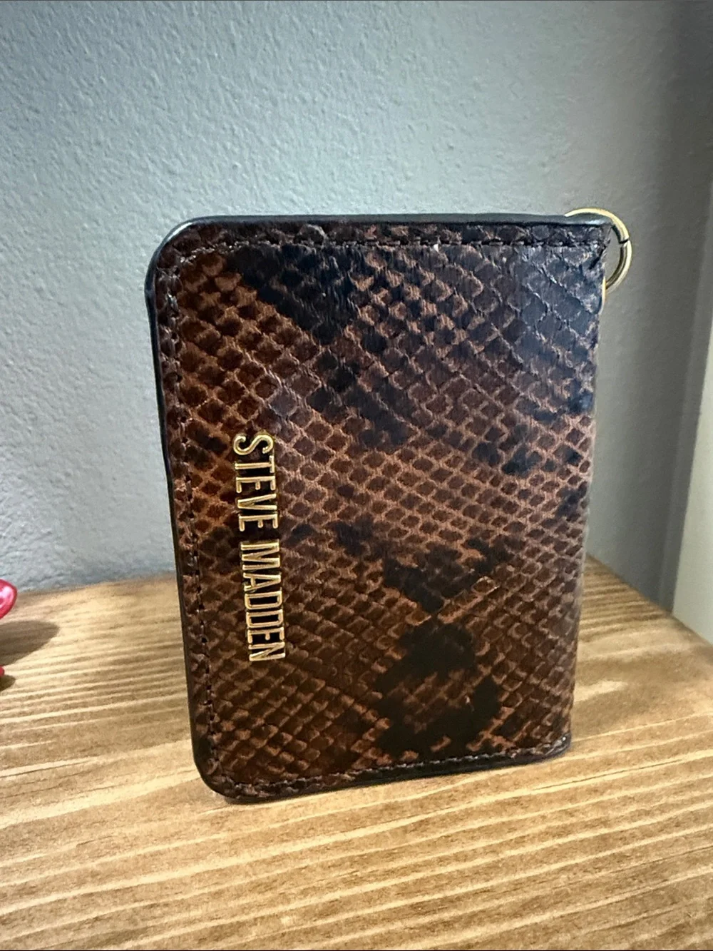 Steve Madden Brown Snake-Print Card Holder with Gold Keychain